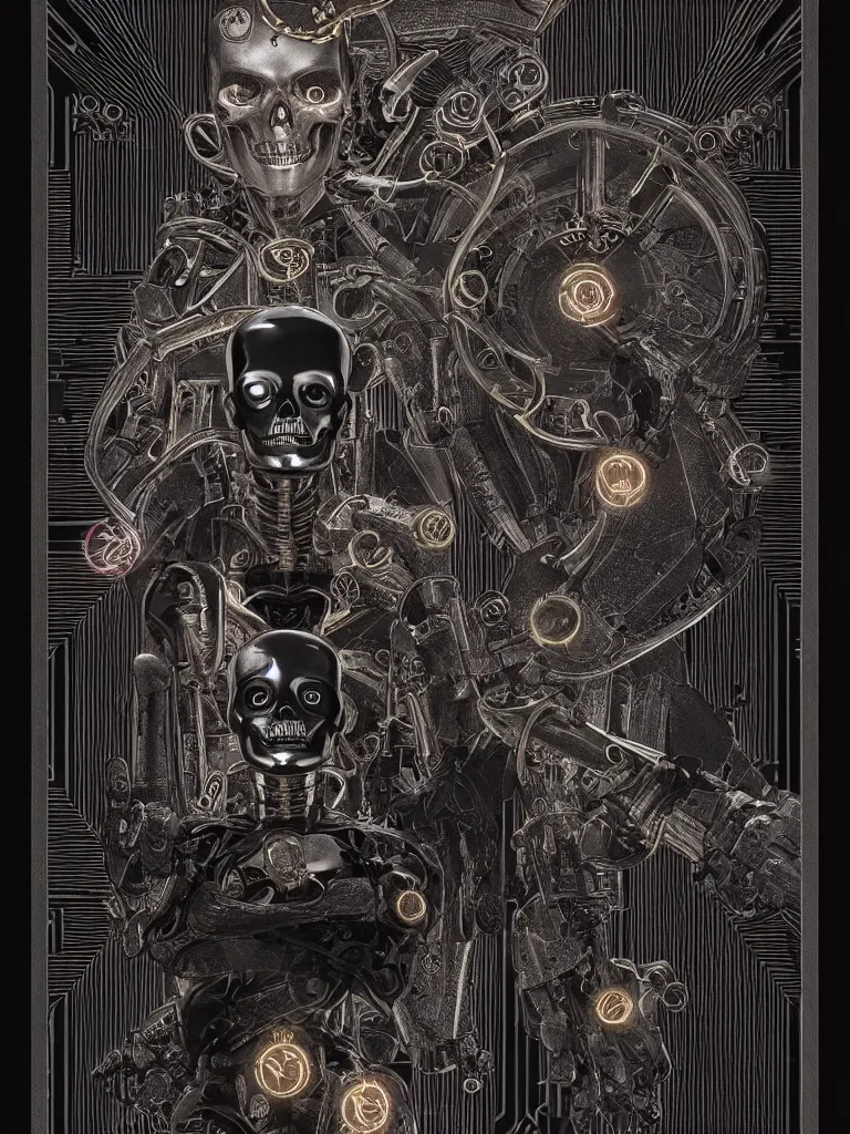 Prompt: the death tarot card as an I Robot, black paper with ornate border frame, magical, symmetrical, by mario feng, ray tracing, master shot, octane render, 8k, ultra hd, perfect light