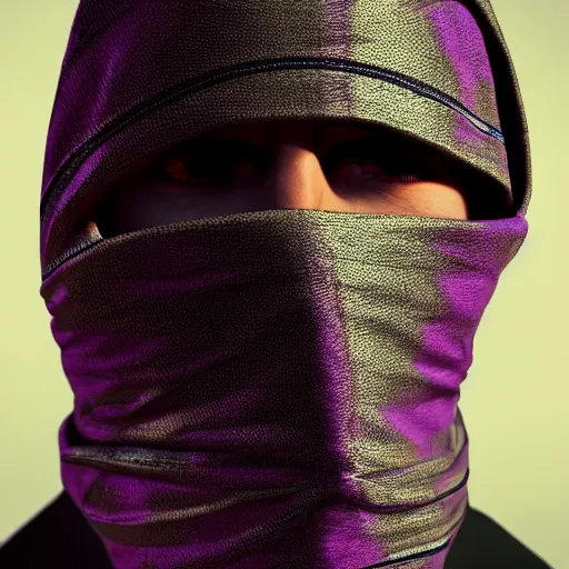 Image similar to ultra realistic illustration, man in a black hood, in a striped purple balaclava, mysterious, highly detailed, octane render, artstation, concept art, smooth, sharp focus, unreal engine 5