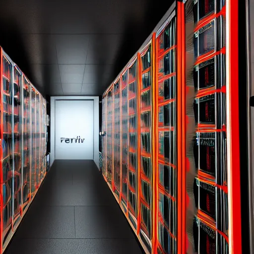 Image similar to a closeup photorealistic photograph of a ferarri themed server room in a data center. ferarri shaped servers. bright scene. fine detail. this 4 k hd image is trending on artstation, featured on behance, well - rendered, extra crisp, features intricate detail, epic composition and the style of unreal engine.