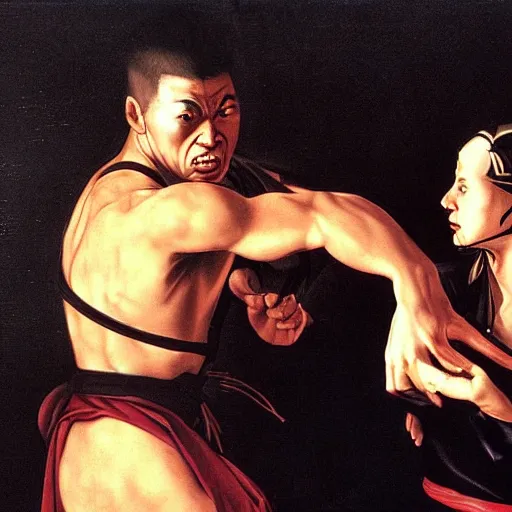 Prompt: woman bewildered by a mortal kombat warrior, by caravaggio