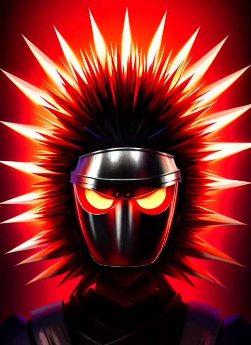 Image similar to a striking cinematic full body manga portrait of a long black haired masked male teenager wearing imposing red jagged spiked plate armour and glowing with raging powerful red energy by hirohiko araki and beeple, fine details, digital art, character concept art, volumetric lighting, cinematic light, photorealistic
