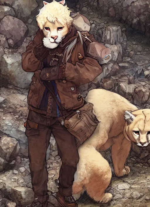 Prompt: character portrait of a man with an albino mountain lion's head wearing miner's clothes at the mines. hidari, color page, tankoban, 4K, tone mapping, Akihiko Yoshida.