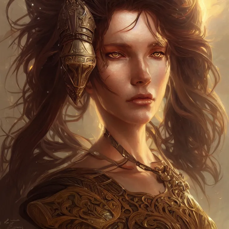 Image similar to Muscular and powerful medieval knight woman portrait, sci-fi, amber eyes, face, long hair, fantasy, intricate, elegant, highly detailed, digital painting, artstation, concept art, smooth, sharp focus, illustration, art by artgerm and greg rutkowski and alphonse mucha