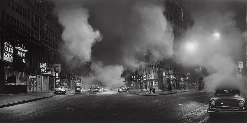 Image similar to a high resolution photo of a new york street at night surrounded with smoke and cars with bright headlights by robert capa, realistic photo, leica, magnum award winning photograph, parallax photography,