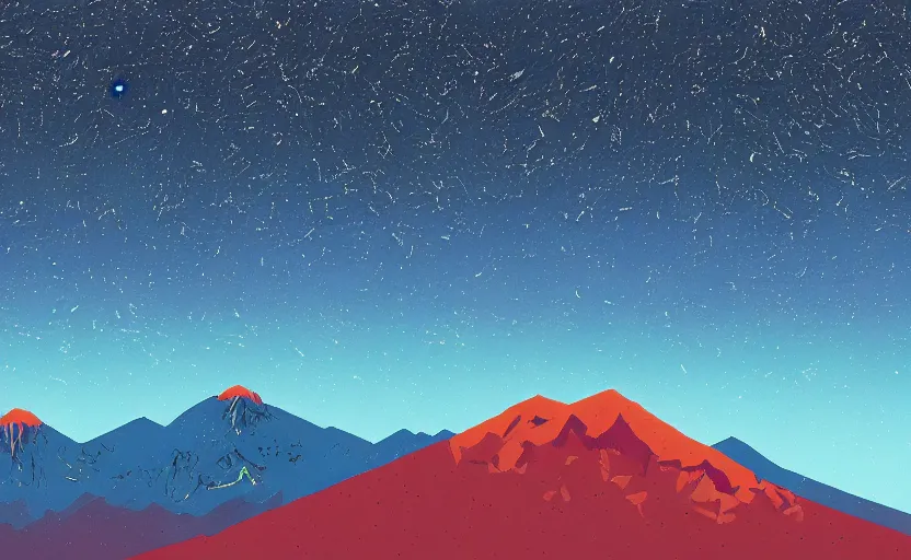 Image similar to mountains, stars and paisley filled sky, artstation, intricate, highly detailed, digital painting, concept art, sharp focus, illustration by Tom Whalen and Charles Williams