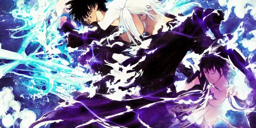 Image similar to meo fighting morpheus, anime style,