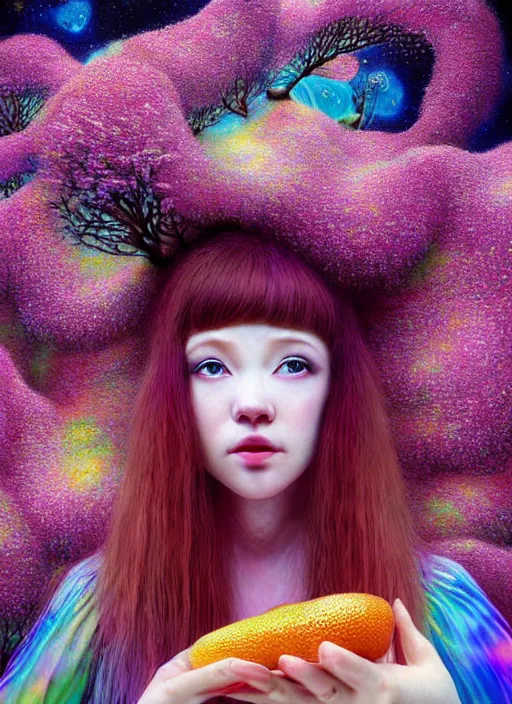 Image similar to hyper detailed 3d render like a Oil painting - kawaii standing portrait Aurora (auburn haired Singer Weaslwaif) seen Eating of the Strangling network of yellowcake aerochrome and milky Fruit and Her delicate Hands hold of gossamer polyp blossoms bring iridescent fungal flowers whose spores black the foolish stars by Jacek Yerka, Mariusz Lewandowski, Houdini algorithmic generative render, Abstract brush strokes, Masterpiece, Edward Hopper and James Gilleard, Zdzislaw Beksinski, Mark Ryden, Wolfgang Lettl, hints of Yayoi Kasuma, octane render, 8k