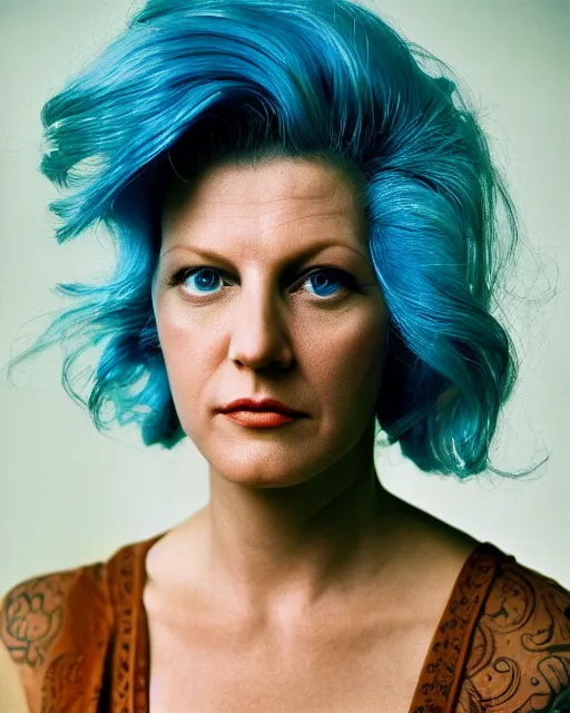 Prompt: a picture of skyler white with blue hair, portrait, ektachrome, closeup, f / 2 2