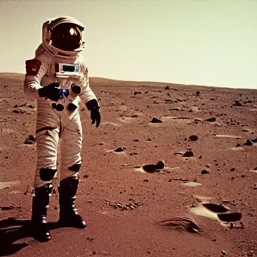 Prompt: David Bowie in a spacesuit on Mars, selfie