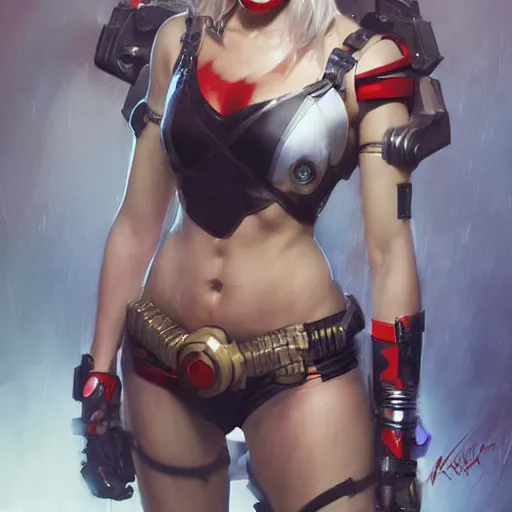 Image similar to portrait of Harley Quinn in bikini armor, dc comics, cyberpunk, Warhammer 40000, dark fantasy, digital art from artstation by Ruan Jia and Mandy Jurgens and Artgerm and william-adolphe bouguereau