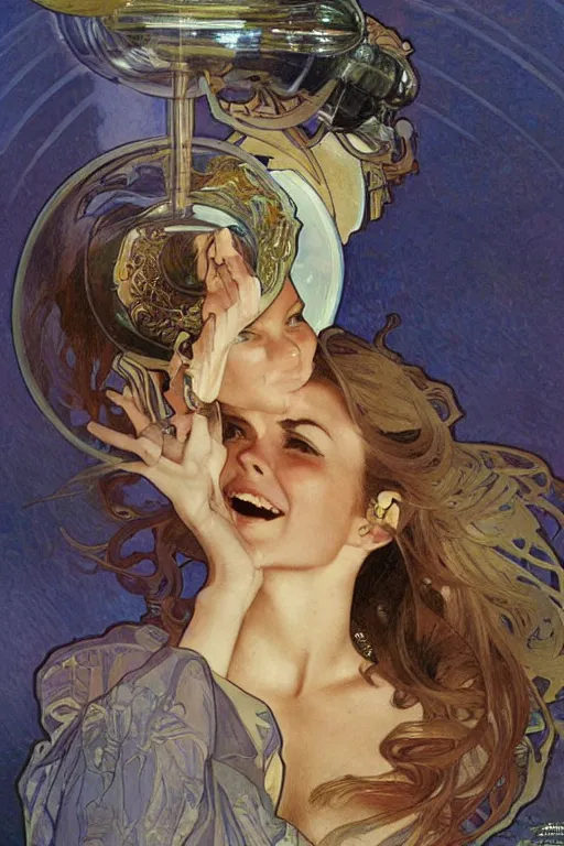 Image similar to a ship in a bottle but instead of a ship it is jack nicholson in the bottle, painting by alphonse mucha and artgerm and greg rutkowski