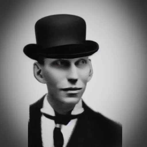 Image similar to A photograph portrait of Jerma985 wearing a bowler hat in the early 1920s, taken in the early 1920s, grainy, taken on a early 1900s Kodak Camera, realistic, hyperrealistic, very realistic, highly detailed, very detailed, extremely detailed, detailed, digital art, trending on artstation