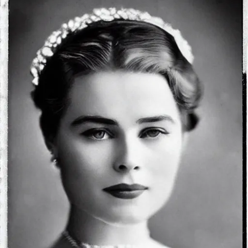 Prompt: edwardian photograph of a mix of grace kelly and emilia clarke, 1 9 0 0 s, 1 9 1 0 s, grainy, slightly blurry, faded, realistic face, elegant, graceful, vintage hollywood star