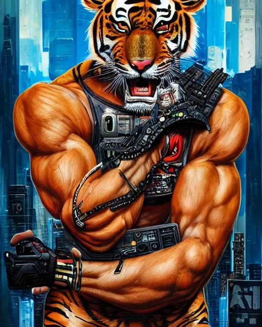 Image similar to a portrait of a muscular anthropomorphic cyberpunk tiger by sandra chevrier, by jon foster, detailed render, pistol in holster, tape deck, epic composition, cybernetics, 4 k realistic, cryengine, realistic shaded lighting, sharp focus, masterpiece, by enki bilal