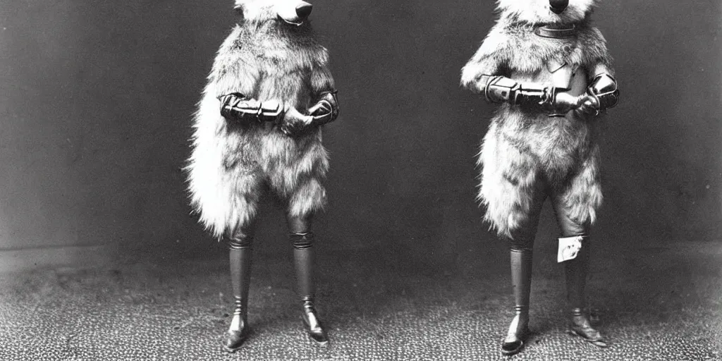 Prompt: anthropomorphic furry wolf in suit of armor, 1900s photograph