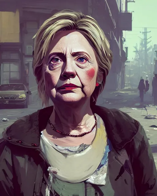 Prompt: decrepit portrait of homeless hillary clinton wearing dirty tattered rags, in GTA V, Stephen Bliss, unreal engine, by Greg Rutkowski, Loish, Rhads, Makoto Shinkai and Lois van baarle, ilya kuvshinov, rossdraws, global illumination, radiant light, detailed and intricate environment