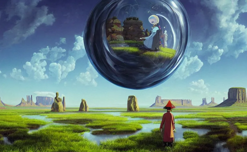 Prompt: a scary hyperrealist painting of a shaman in a giant transparent bubble from howl's moving castle ( 2 0 0 4 ) in a flooded monument valley stonehenge jungle. depth perception, 4 k, artstation, in the style of studio ghibli