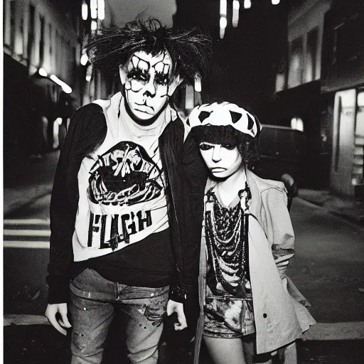 Image similar to night flash portrait photography of punk and goth kids on the lower east side by diane arbus, colorful, nighttime!, raining!