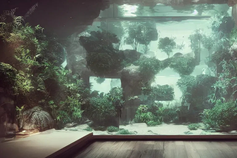 Image similar to the most amazing dream you ever had about spacious interior with aquariums as walls, hyper realistic, ambient lighting, concept art, intricate, hyper detailed, smooth, dynamic volumetric lighting, octane, cinematic