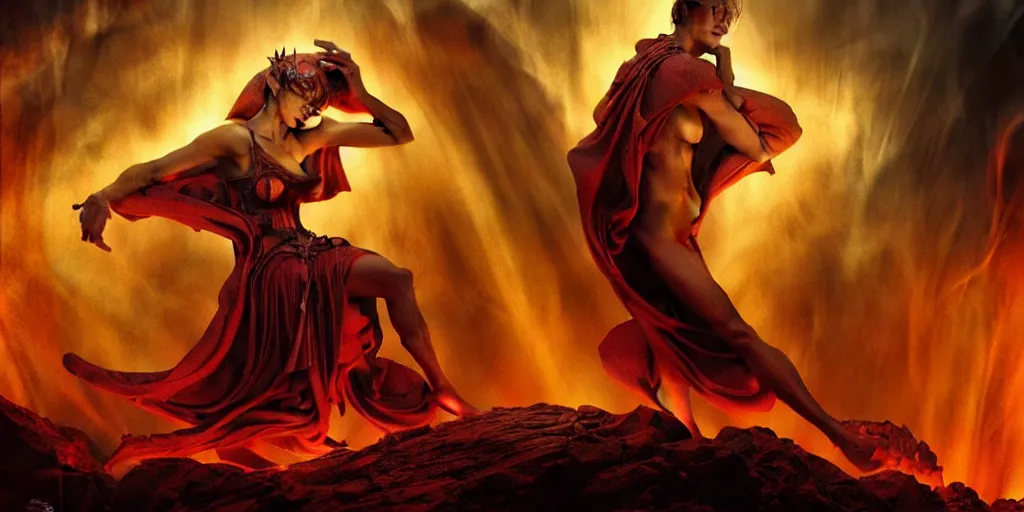 Prompt: Dante's Inferno, by Rolf Armstrong and Evelyn De Morgan and Bastien Lecouffe-Deharme, dramatic lighting, high contrast colors, baroque, empyrean, panoramic view, as trending on Artstation, highly detailed, quake engine,