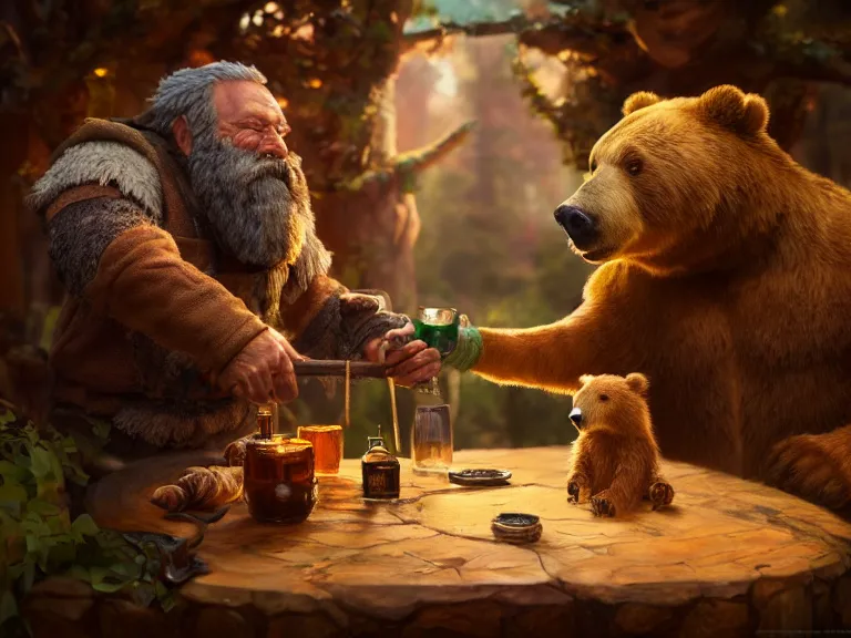 Image similar to Drunk Woodsman Druid and his Bear start a fight at the Tavern, RPG Portrait, Oil Painting, Trending on Artstation, octane render, Insanely Detailed, 8k, HD