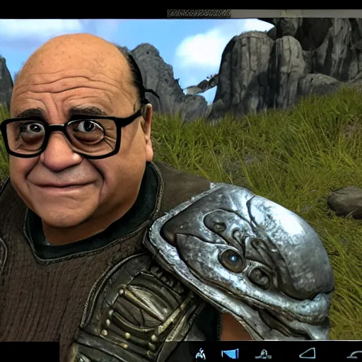 Prompt: a screenshot of danny devito in the video game skyrim. 3 d rendering, unreal engine. amazing likeness. very detailed. cartoon caricature