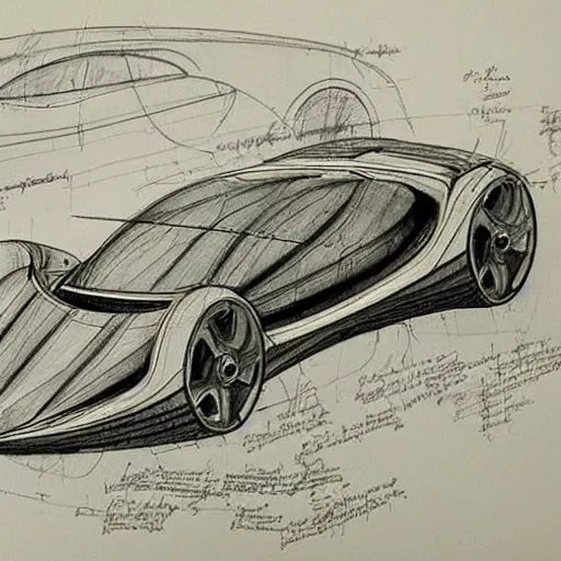 Image similar to various sketches of a futuristic car in the style of leonardo da vinci, ultra detailed, scribbles, technical drawing, engineering blueprints