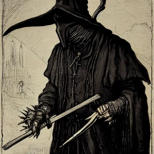 Prompt: plague doctor with a scythe, evil, monster character design, fantasy. by rembrandt, illustration, higly detailed