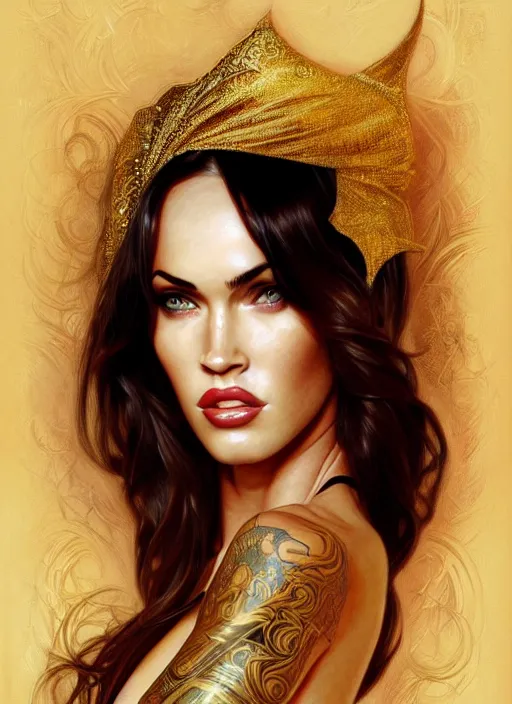 Prompt: portrait of megan fox as exotic dancer, scarf, veil, gold, belly dance, intricate, headshot, highly detailed, digital painting, artstation, concept art, sharp focus, cinematic lighting, illustration, art by artgerm and greg rutkowski, alphonse mucha, cgsociety