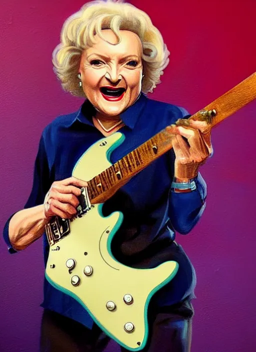 Prompt: Betty White shredding on an electric guitar, painting by Frank Frazetta, 3D rendering by Beeple, crusty