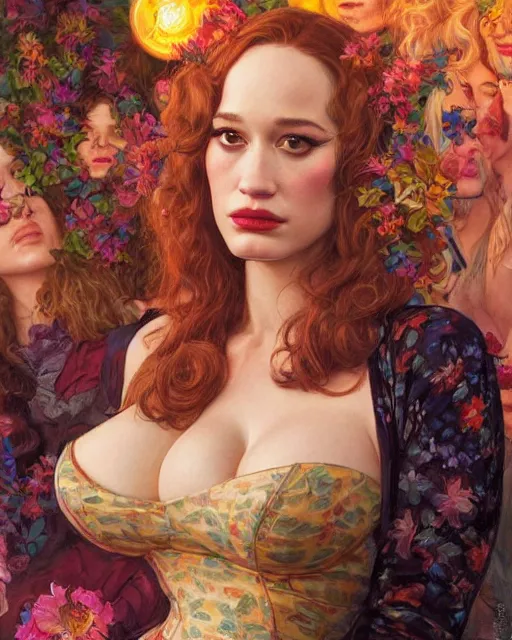 Image similar to sophisticated portrait of Christina Hendricks Brie Larson Kat Dennings, 1960s flower power hippy, very smoky Paris bar, elegance, highly detailed, shallow depth of field, Artstation, Artgerm, Donato Giancola and Joseph Christian Leyendecker