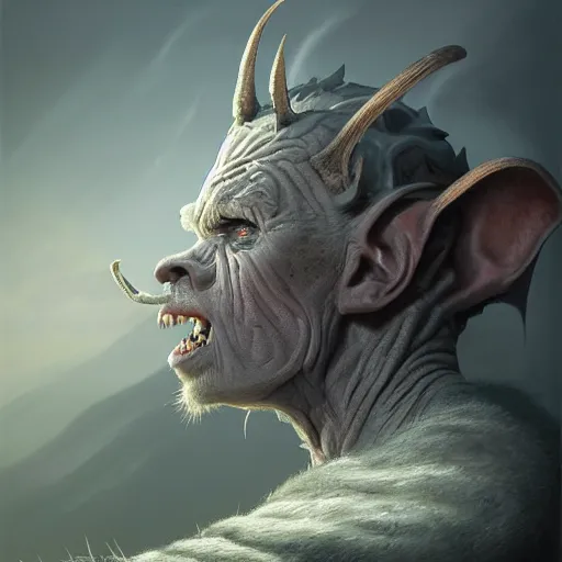 Prompt: Beautiful hyperrealistic detailed matte portrait painting of a grey goblin with wide head and a triangular upwards pointing nose, by andreas rocha and john howe, and Martin Johnson Heade, featured on artstation, featured on behance, golden ratio, f32, well composed, cohesive