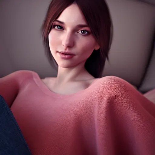 Image similar to 3 d render of a cute thin young woman, red blush, wearing casual clothes, small smile, relaxing on a couch, cuddling up under a blanket, cozy living room, medium shot, 8 k, octane render, trending on artstation, art by artgerm, unreal engine 5, hyperrealism, hyperdetailed, ultra realistic