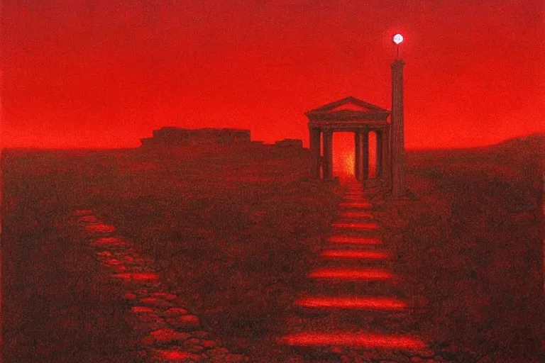 Image similar to only with red, caesar, in hoc signo vinces, rome on background, an ancient path, in the style of beksinski, part by hopper, part by rodcenko, part by hofbauer, intricate composition, red by caravaggio, insanely quality, highly detailed, masterpiece, red light, artstation