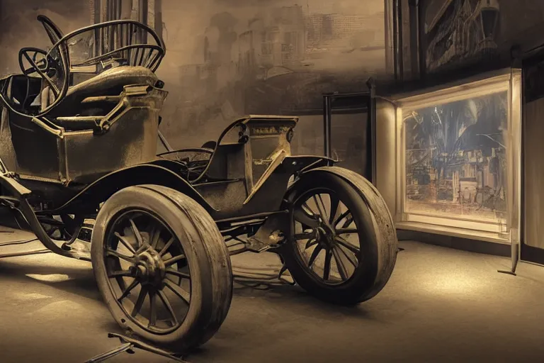 Image similar to cyberpunk 1 9 0 8 model ford t, volumetric lighting, in a museum, museum exhibit, museum lighting, 9 0 s film photo