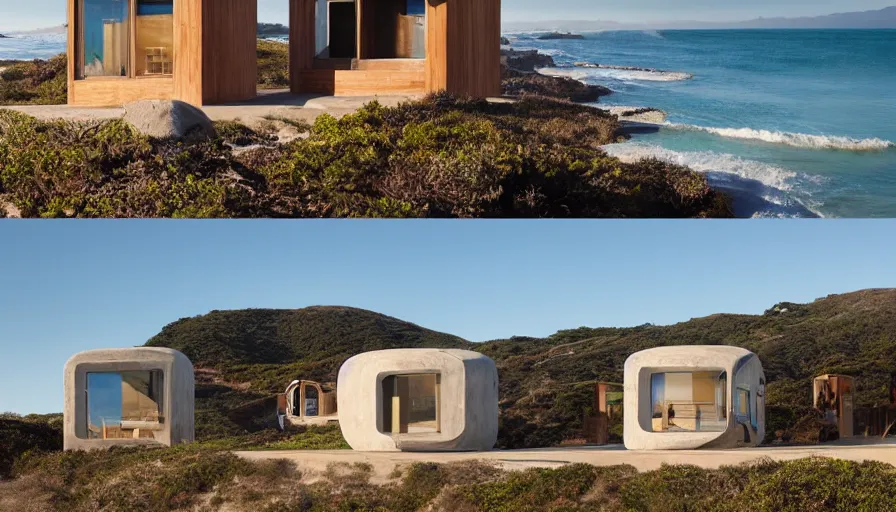 Image similar to An architectural rending of an eco-community of contemporary 3D printed sea ranch style cabins with rounded corners and angles, beveled edges, made of cement and concrete, organic architecture, on the California coastline with side walks, parks and public space , Designed by Gucci and Wes Anderson, golden hour