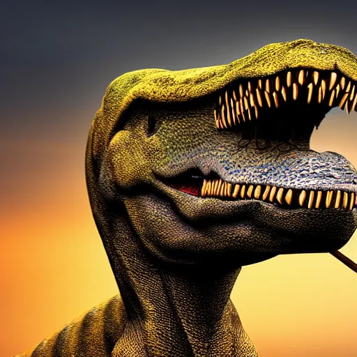 Image similar to dinosaur smoking a cigarette in their mouth realistic hdr professional shot