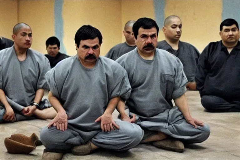 Image similar to omg wtf el chapo, buddah pose, prison, meditation, amazing aura