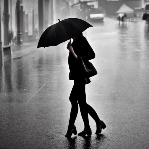 Image similar to heavy rain and a girl with an umbrella in black and withe