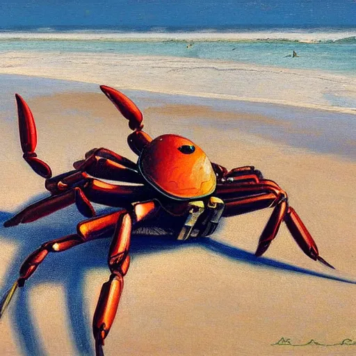 Prompt: A portrait of a mechanical crab on the beach, Henrique Alvim Corrêa, Joan Roig i Soler, ocean, waves, sea shell