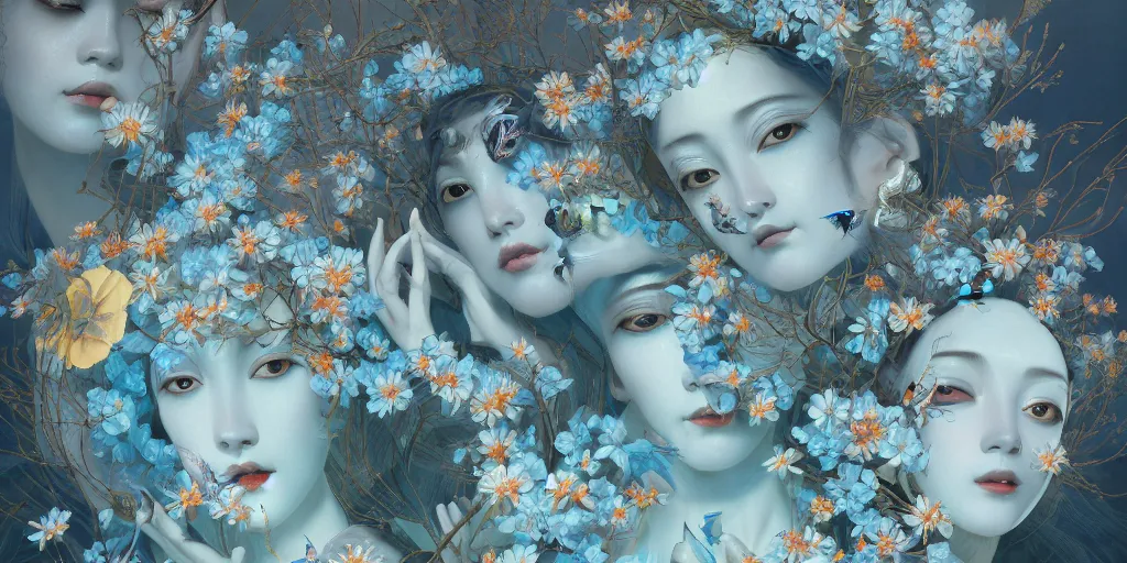 Image similar to breathtaking detailed concept art painting art deco pattern of faces goddesses amalmation light - blue flowers with anxious piercing eyes and blend of flowers and birds, by hsiao - ron cheng and john james audubon, bizarre compositions, exquisite detail, extremely moody lighting, 8 k