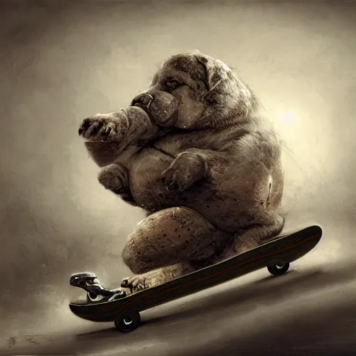 Image similar to morbidly obese dog riding a skateboard, illustration, full body, high quality, intricate details, details, craig mullins, intricate, atmosphere, highly detailed, matte painting, cinematic, deviantart, realistic, photorealistic, concept art