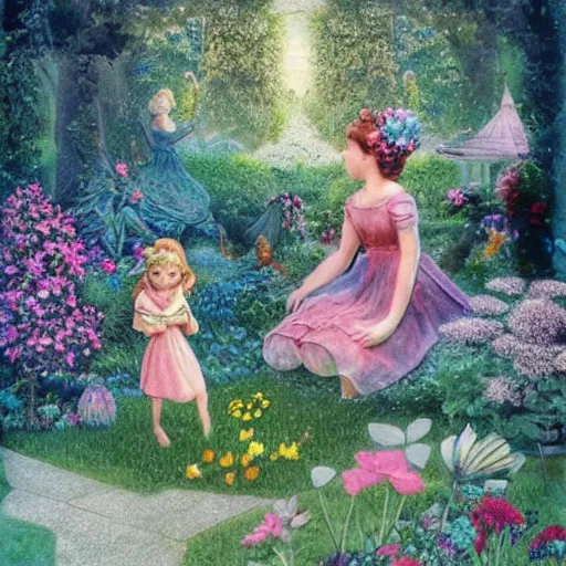 Prompt: a whimsical garden scene. In the computer art, a young girl can be seen playing among the flowers and trees, while a fairy watches over her. winter by Joachim Brohm random
