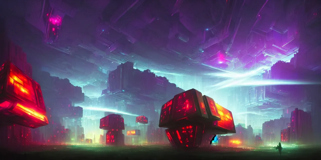 Image similar to a fleet of giant glowing futuristic cubes tied to each other with lots of glowing chains in the sky, thick glowing chains, light rays bouncing between cubes, a fantasy magical cyberpunk landscape seen in the distance, atmospheric lighting, intricate, volumetric lighting, beautiful, sharp focus, ultra detailed, in the art style of marc simonetti and lee madgwick, astrophotography