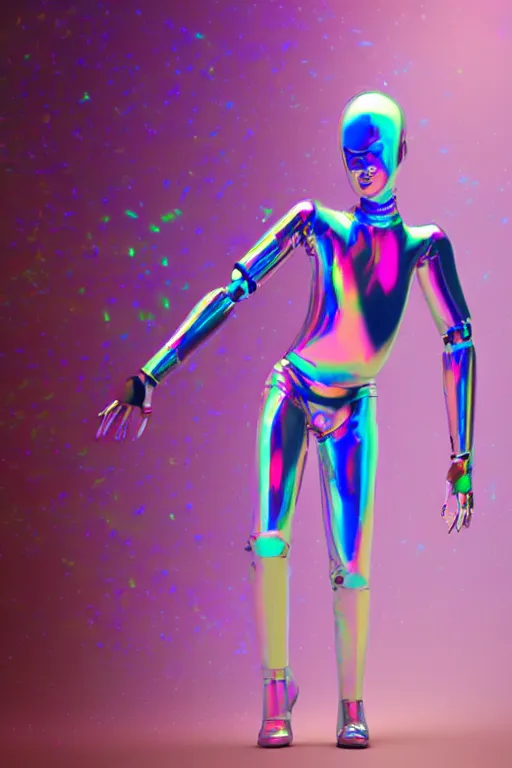 Prompt: 3d render of holographic human robotic made of glossy iridescent, full body robot, full body render, surrealistic 3d illustration of a human non-binary, non binary model, 3d model human, cryengine, made of holographic texture, holographic material, holographic rainbow, concept of cyborg and artificial intelligence