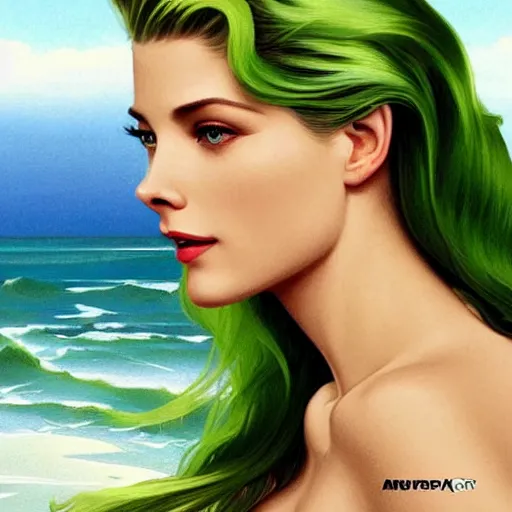 Prompt: A combination of Grace Kelly's and Katheryn Winnick's and Ashley Greene's faces with light green hair as a mermaid on the beach, western, fantasy, intricate, elegant, highly detailed, digital painting, artstation, concept art, matte, sharp focus, illustration, art by Artgerm and Greg Rutkowski and Alphonse Mucha