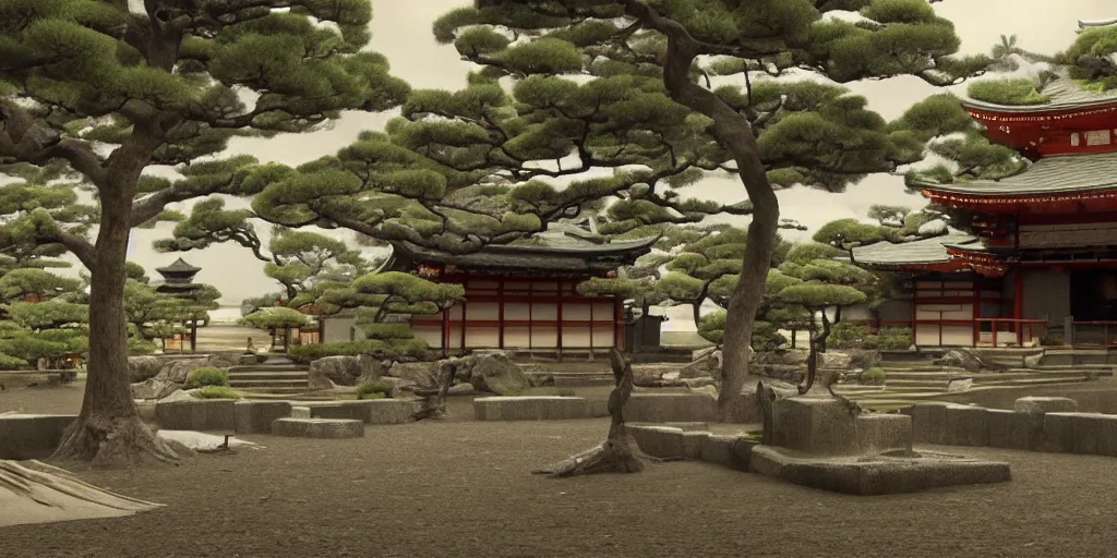 Prompt: a film still of a japanese samurai temple in a japanese blockbuster film, landscape, shallow depth of field, cinematic, award winning cgi, vfx, film still