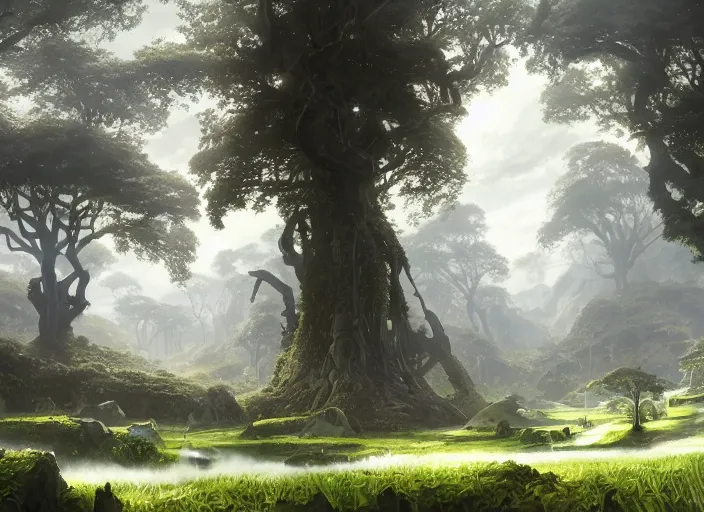 Image similar to Lush farmland outside a beautiful elven city made of white marble, anime, lush trees, a fantasy digital painting by Greg Rutkowski and James Gurney, trending on Artstation, highly detailed