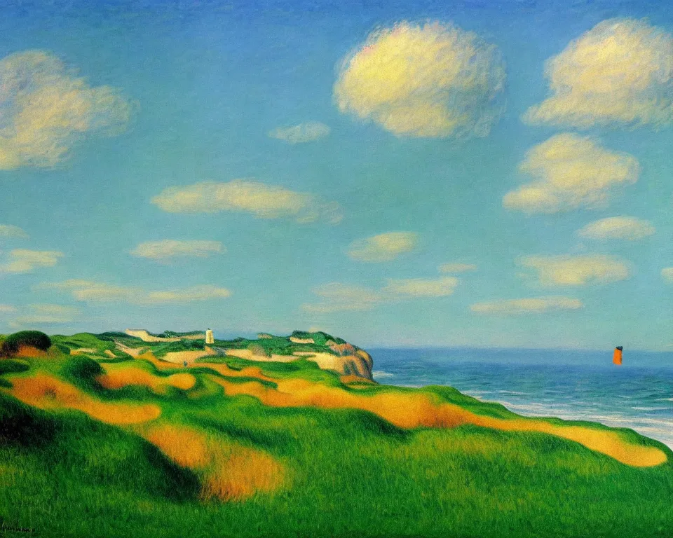 Prompt: achingly beautiful painting of bandon dunes by rene magritte, monet, and turner.