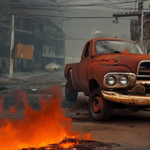 Image similar to photograph of a rusty dodge ram on fire in the street by simon stalenhag